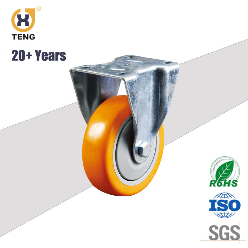 Rigid Fixed Medium Orange Polyurethane PU Industrial Casters Doule Ball Bearing