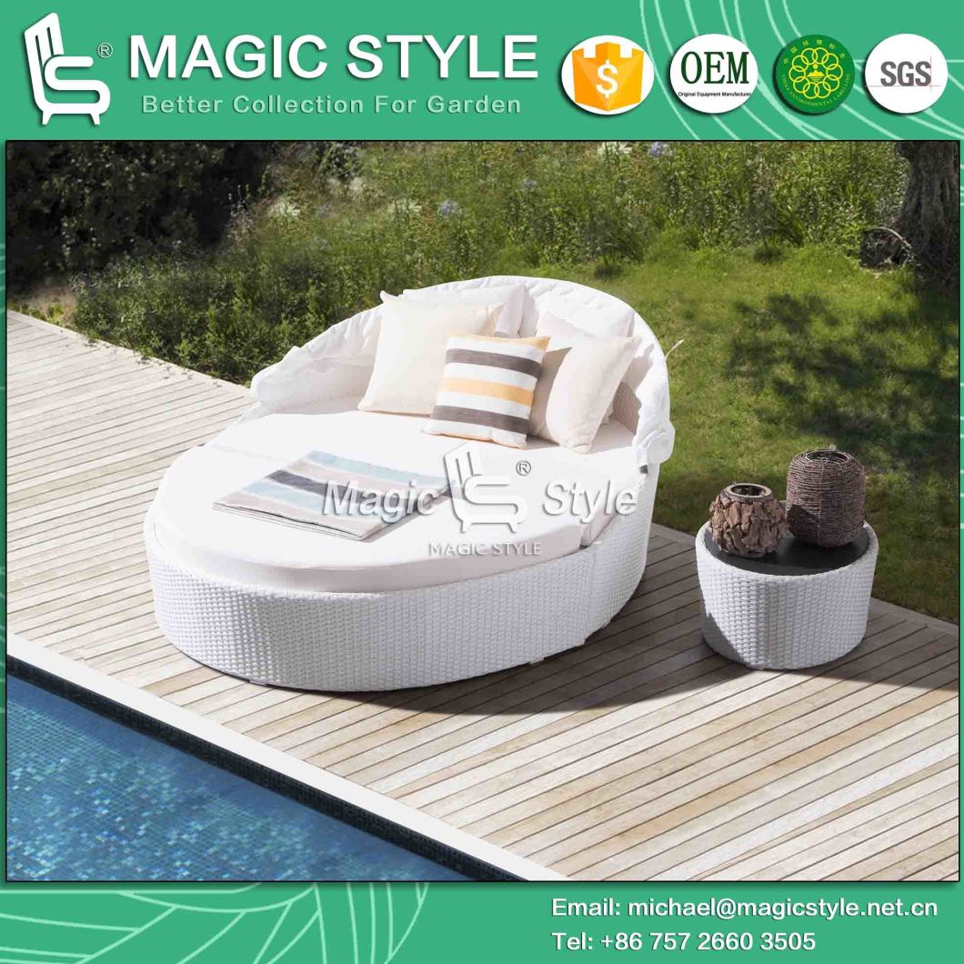 Garden Daybed with Cushoin Outdoor Rattan Sunbed Outdoor Stone Imitation Glass Coffee Table Patio Furniture