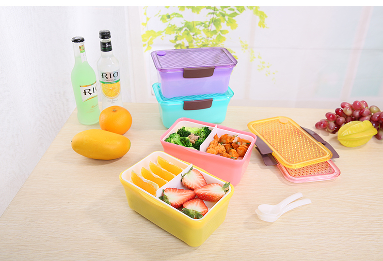 2 Compartments Plastic Bento Lunch Box with Lid and Spoon