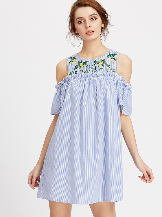 Embroidered Yoke Open Shoulder Frill Detail Striped Dress