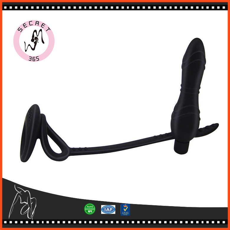 Black Anal Vibrator Silicone Vibrating Butt Plug Penis Ring Chastity Device Cock Ring Male Prostate Massager Anal Sex Toy