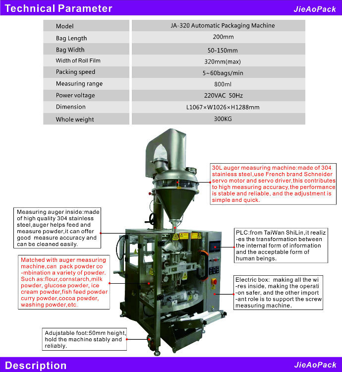 Powder Filling and Packing Machine for Measuring Cocoa/Corn/Protein/Coffee/Grain Powder (JA-320)