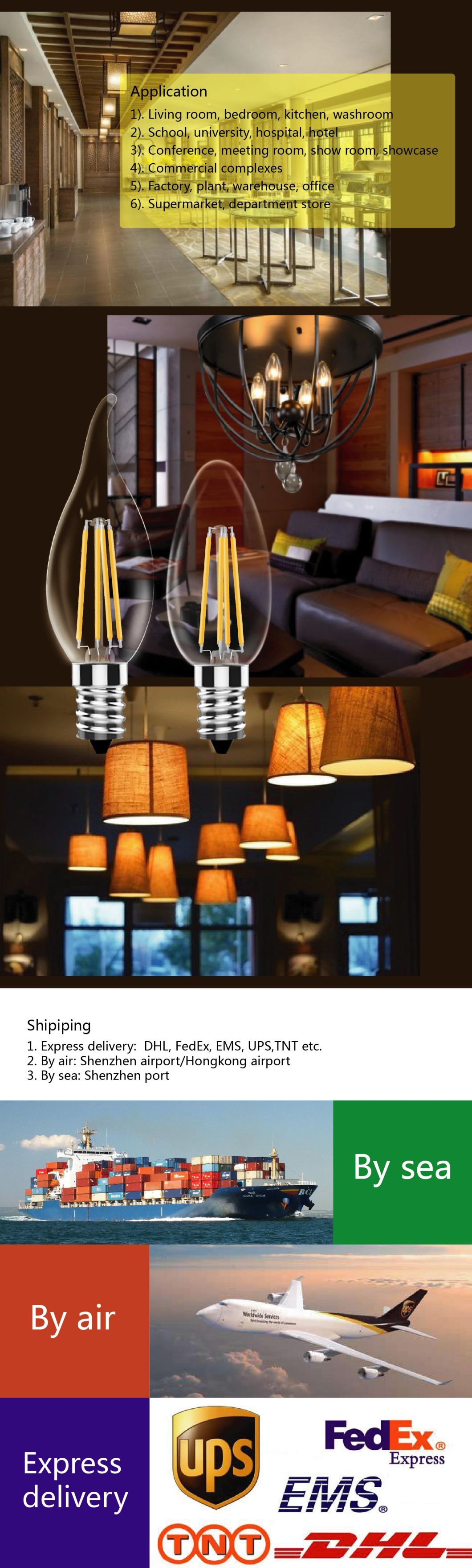 Clear Glass Candle Filament Light C35 2W/4W Energy Saving Bulb E12/E14/E26/E27 with Ce/RoHS/ISO900/SGS