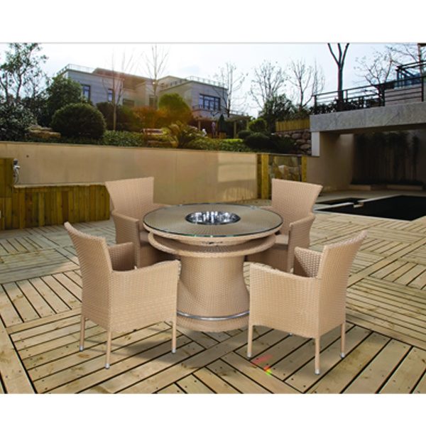 All Weather Modern Aluminum Outdoor/Indoor Double Round Chafing Dish Hot Pot Table Set PE Rattan Fire Pit Furniture