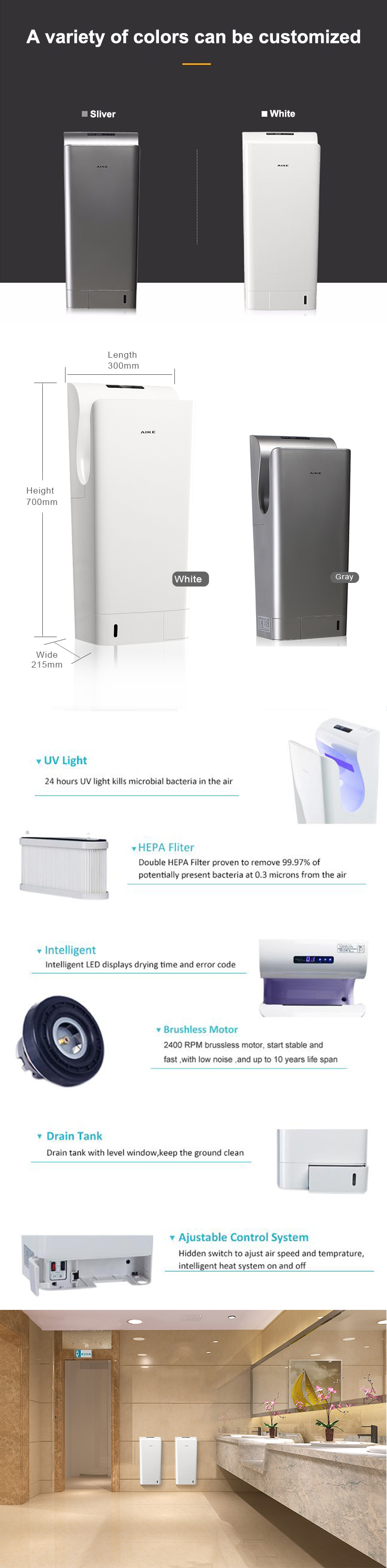 fast airflow low noise jet air hand dryer