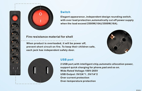 2 Outlet Power Strip with USB Multi Electrical Extension Socket