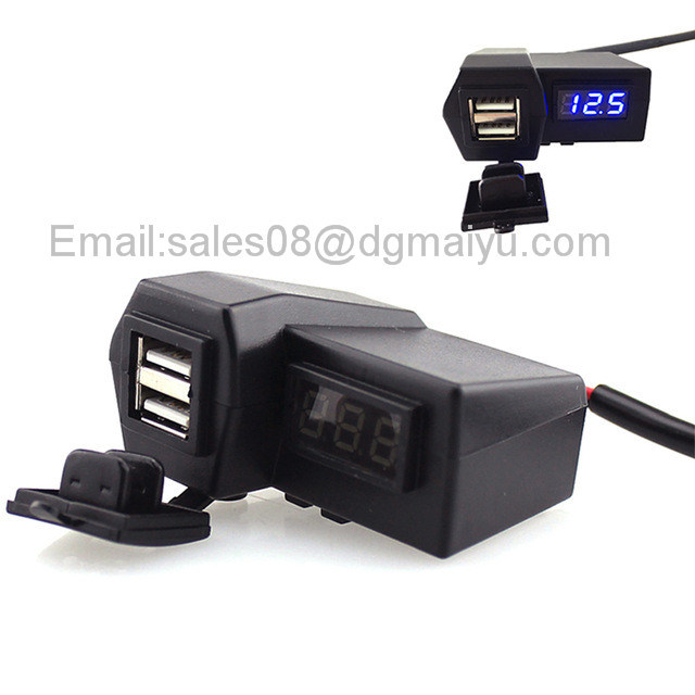 12~24V Waterproof Motorcycle Car ATV Dual USB Charger Digital Voltmeter Cigarette Lighter Power Plug with Handlebar Mount