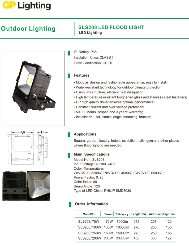 70W/100W/150W/200W LED Flood Light for Outdoor/Square/Garden Lighting (SLS208)