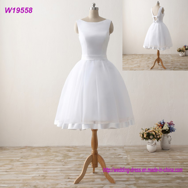 Cheap Short Beach Wedding Dresses Backless Women Knee Length Organza Satin Formal Bridal Party Gowns White Dress with Bow