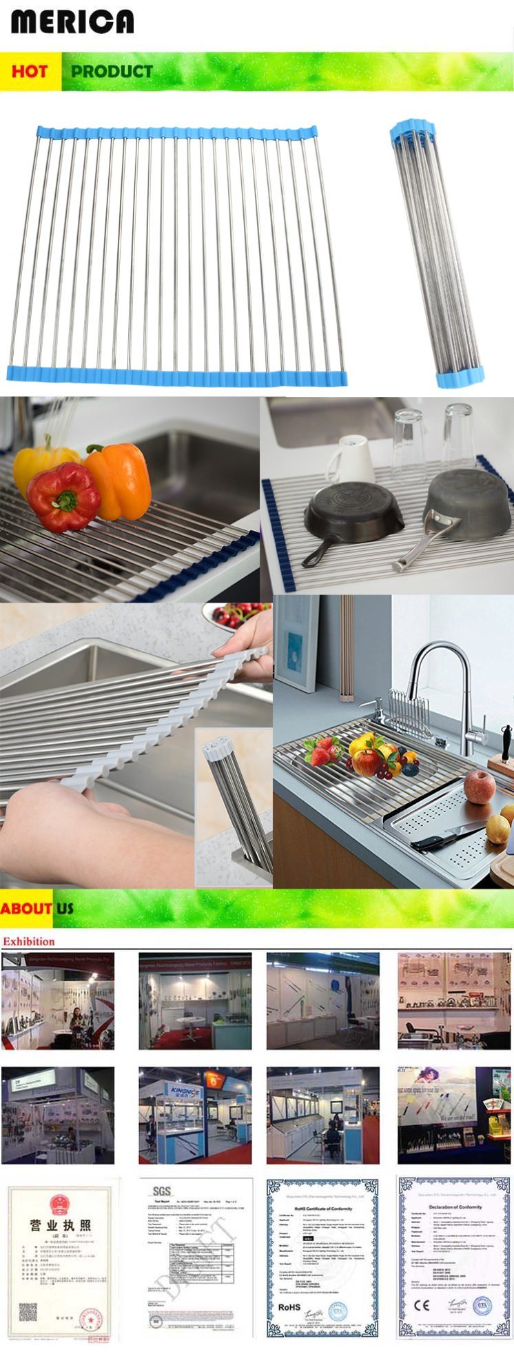 Over The Sink Roll up Stainless Dish Drying Rack