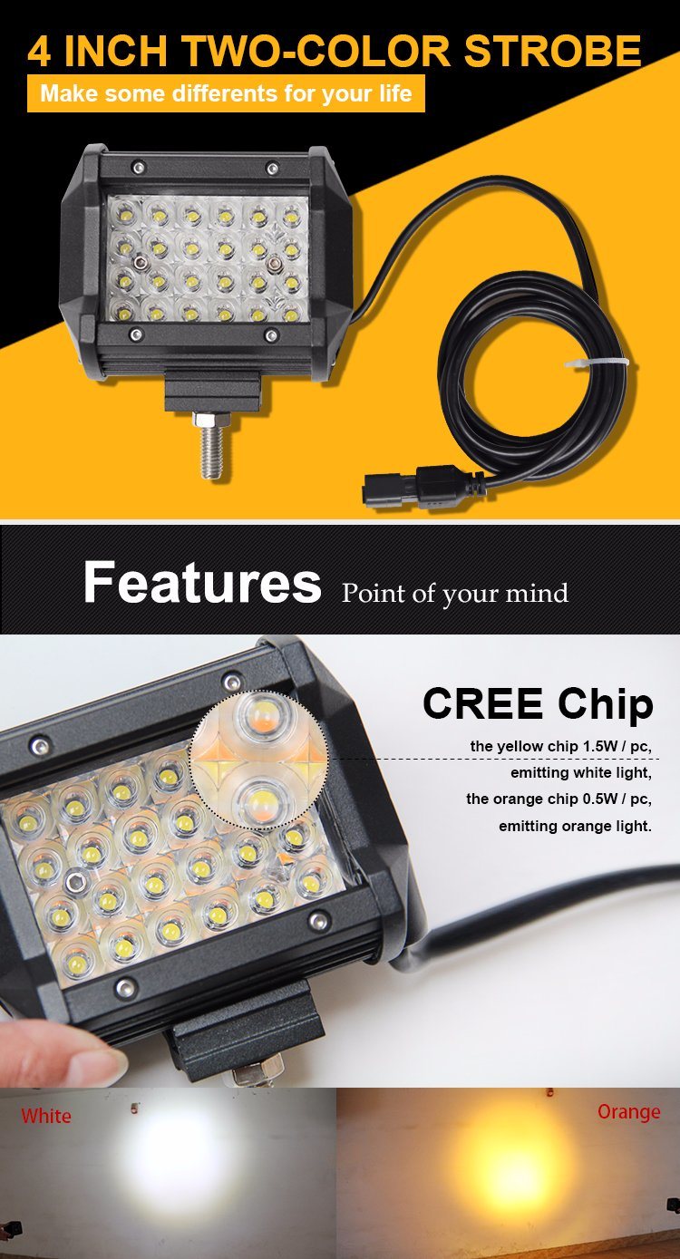 New Dual Color Ce RoHS DOT Approved 4 Inch Driving 72W 4 Row Strobe Offroad CREE LED Work Light Bar for Truck Car