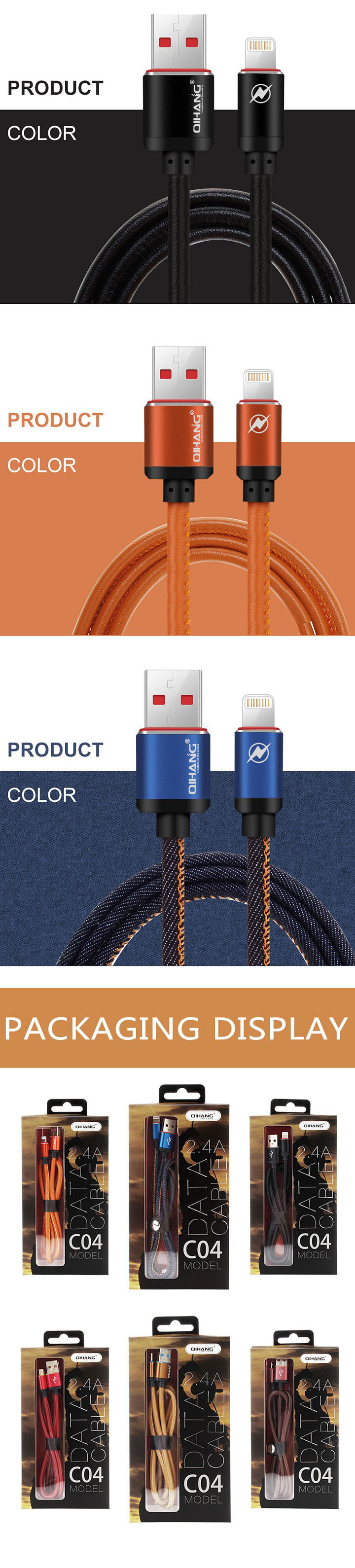 2.4A Leather Metal Plug Fast Type-C USB Cable and Data Sync Cable for S9