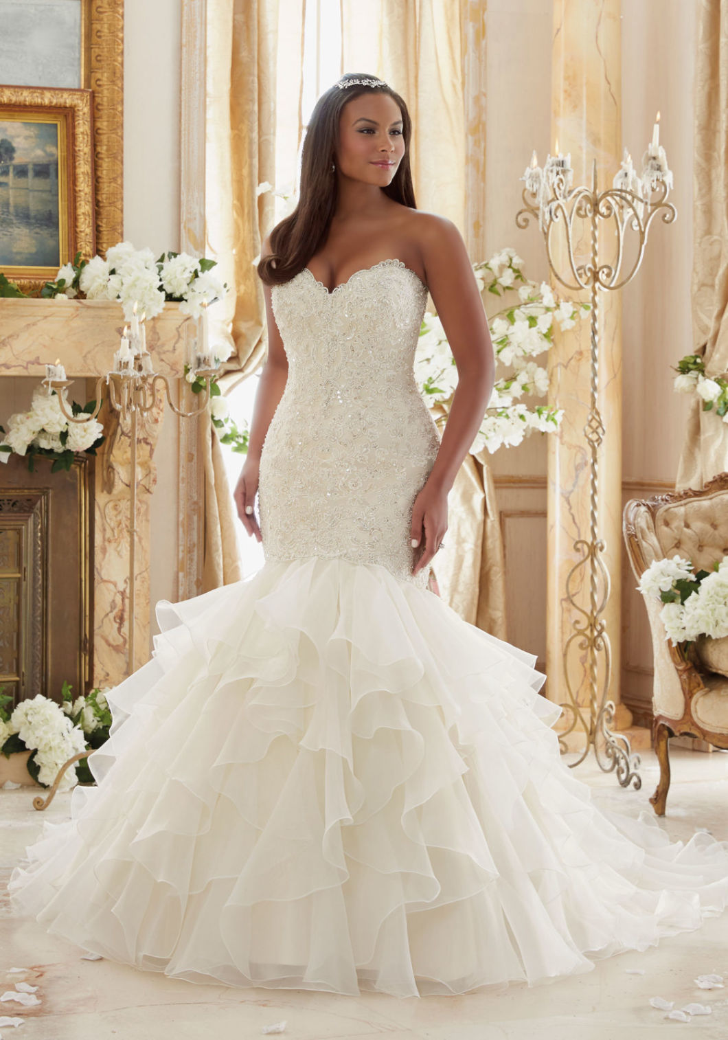 Sweetheart Bridal Gowns Mermaid Ruffles Plus Size Lace Organza Wedding Dress Mrl3201