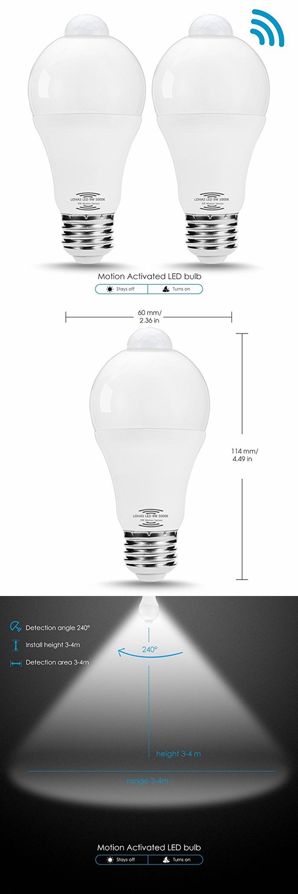 Motion Sensor Light Bulb LED E26 9W (60W Equivalent) Daylight White (5000K) Motion Activated Smart Light Bulb