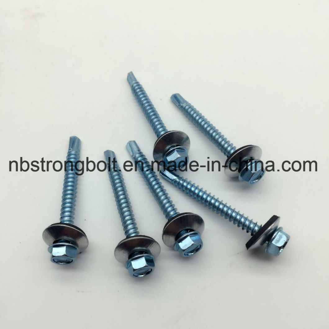 Hex. Washer Head Self Drilling Screws with Bonded Washer (METAL/EPDM OD 16 mm) Bsd #3 12- 14 PT Drill Zinc Plated #12-14X3