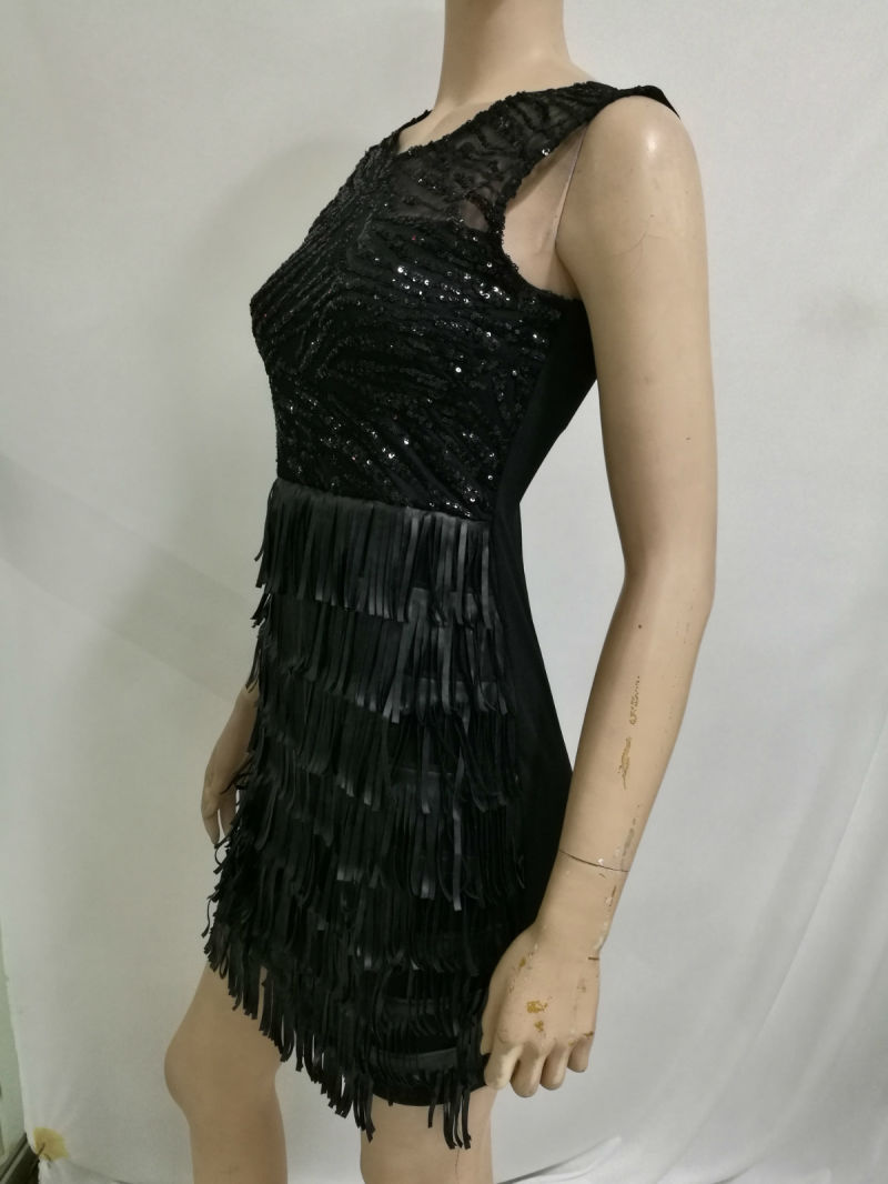 2017 Wholesale Women Party Dress Sleeveless Feather Paillette Patchwork Little Black Dress