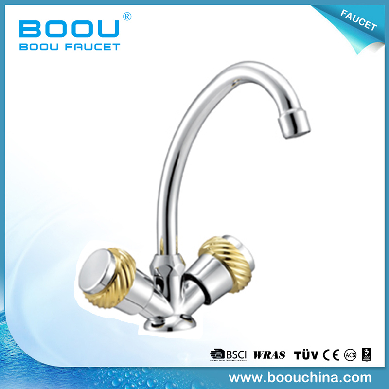 Boou Double Golden Handle Long Neck Kitchen Basin Taps, Mixer