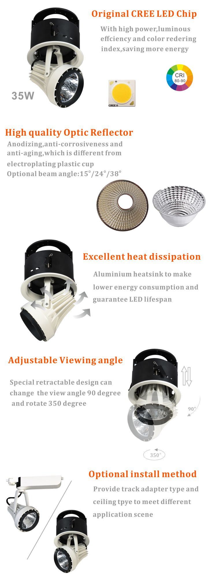 Project Lighting 35W Dimmable LED Retractable Ceiling Spot Downlight