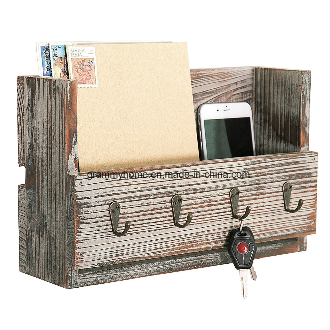 Rustic Vintage Wood Wall Mounted Mail Holder with Key Hooks