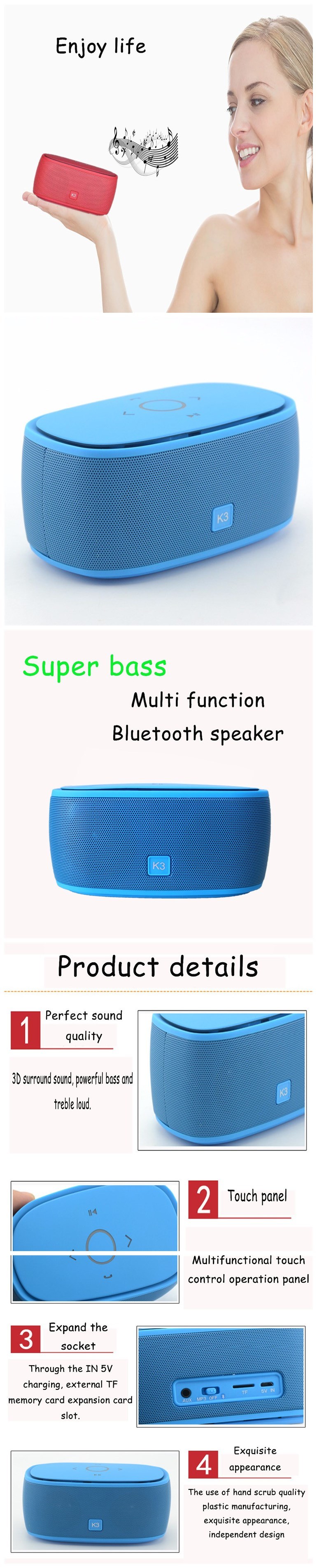 Shenzhen Factory Bluetooth Touchable Super Bass Speakers for Mobile PC