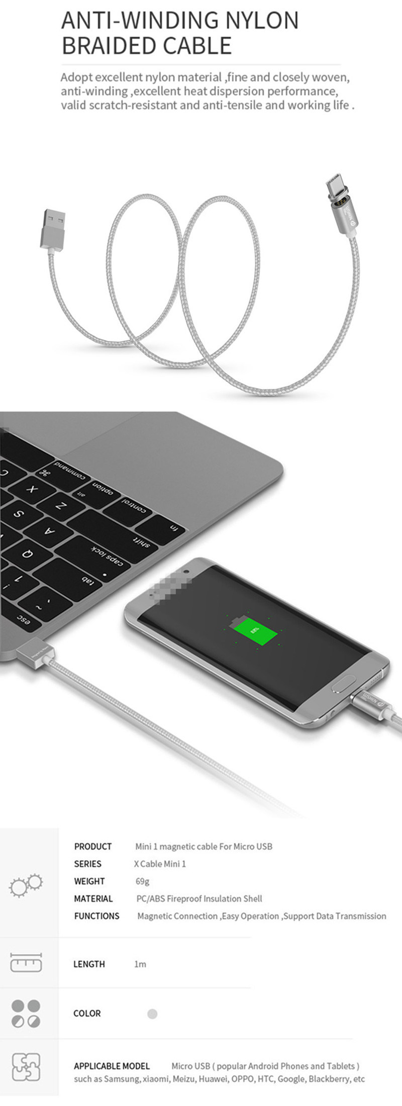 Wsken Metal Mini 2 Magnetic Micro USB Cable for iPhone/Micro
