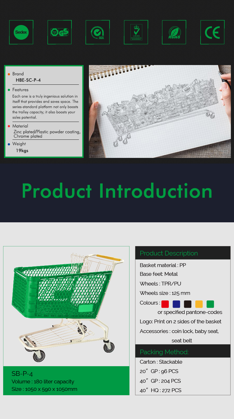 New Design Supermarket Trolley Metal Frame Plastic Shopping Cart