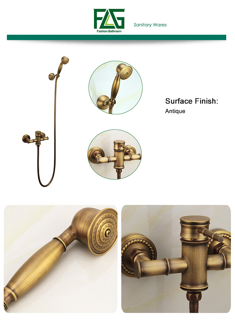 FLG Antique Solid Brass Shower Set with Wall Mounted Faucet