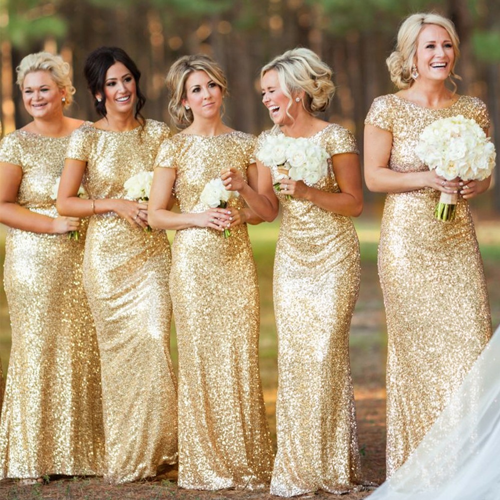 Golden Sequin Backless Wedding Long Dresses for Bridesmaid