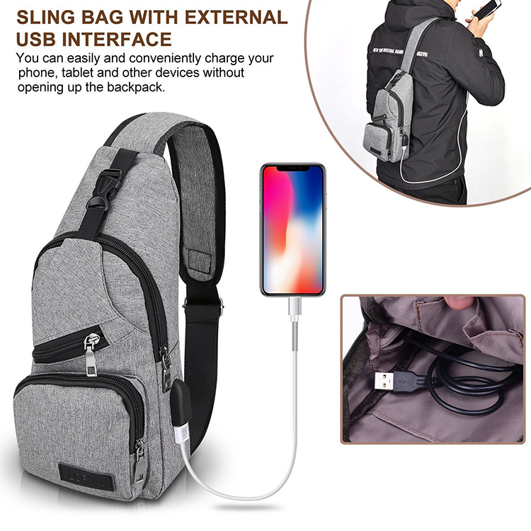 Canvas Sling Backpack Sports Chest Bag with Charging Port