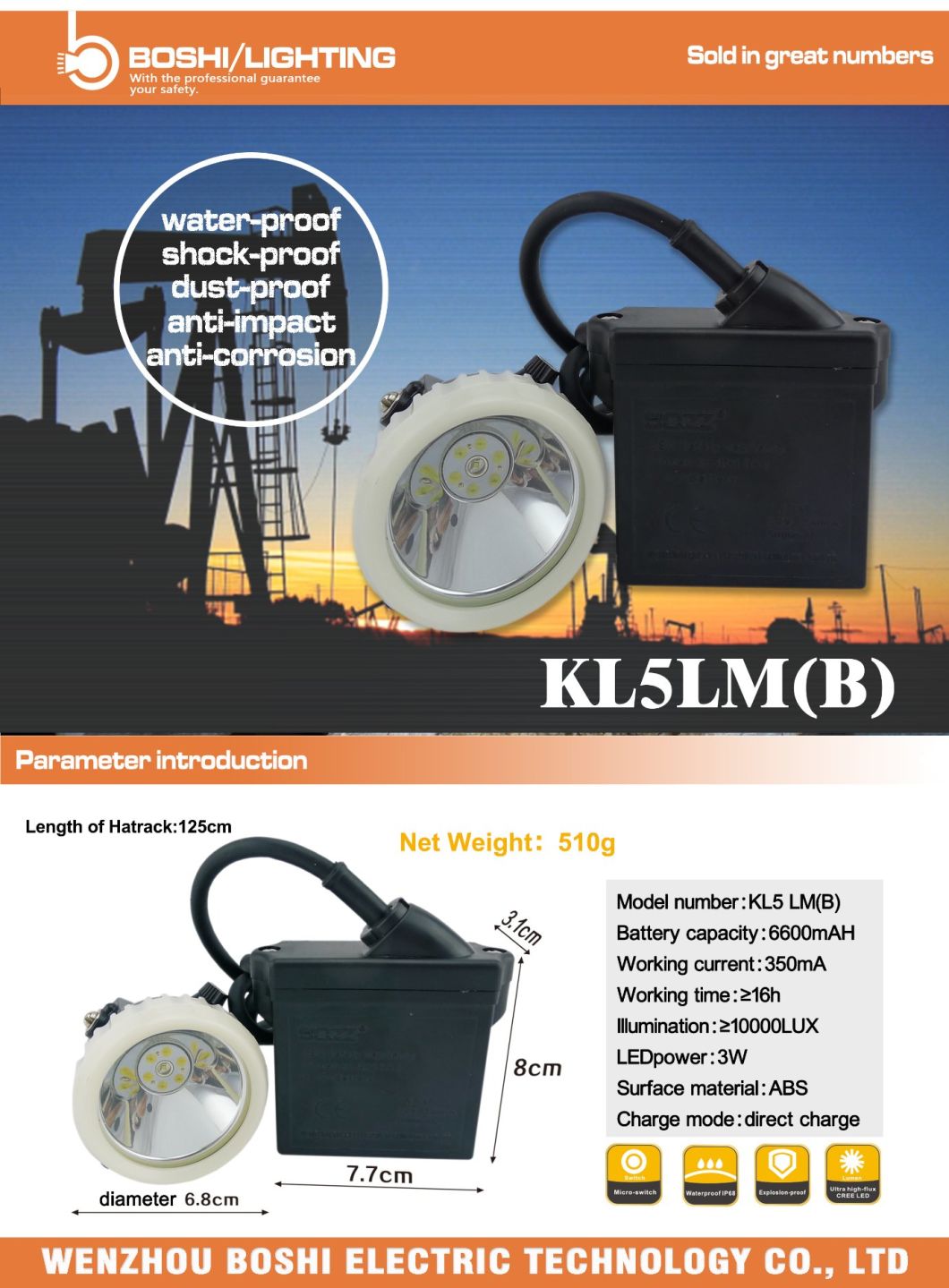 10000lux 350mA USA CREE LED Waterproof IP68 New Mining Headlamp Kl5lm (B)