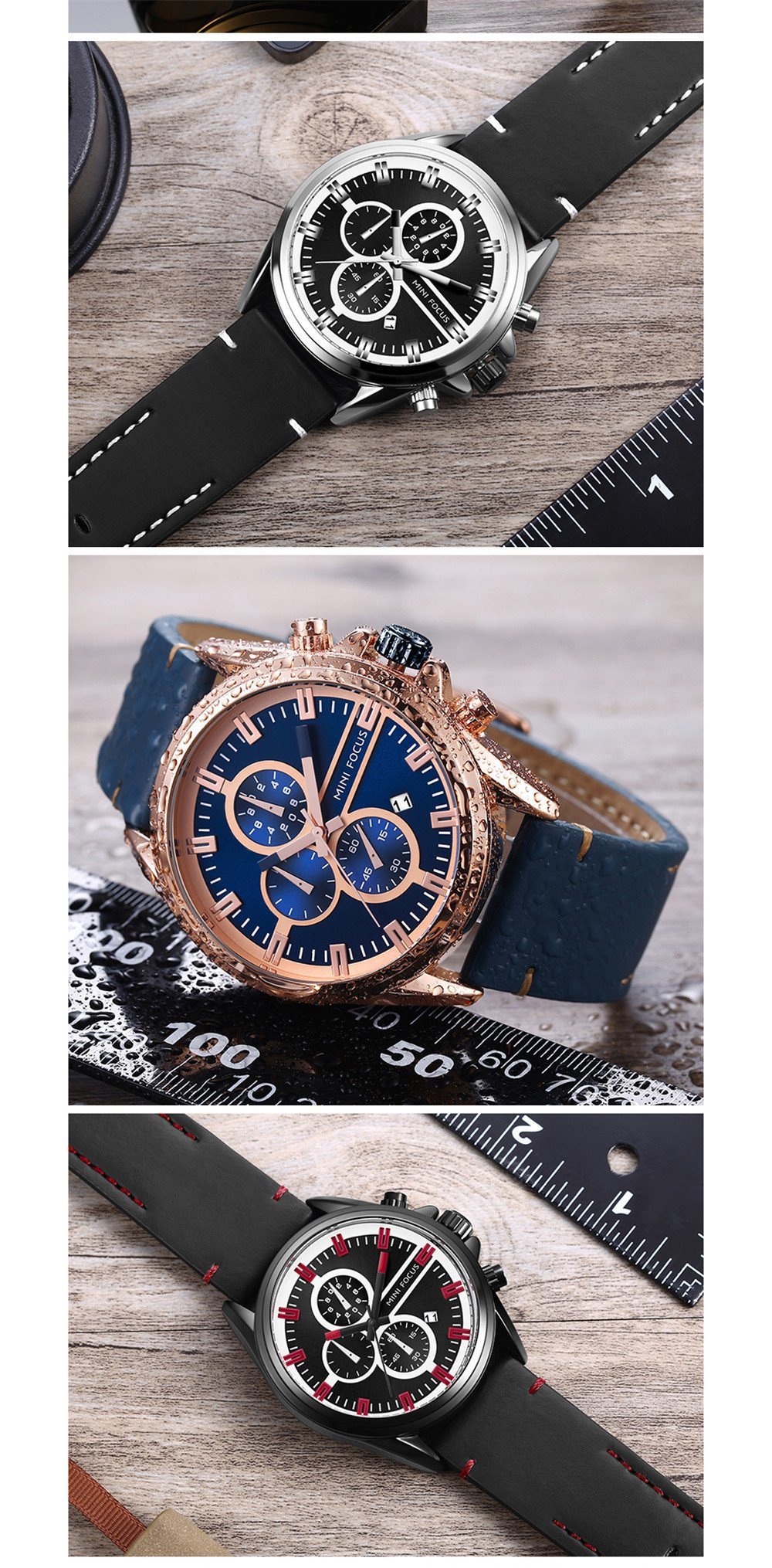 Mini Focus Chronograph Genuine Leather Strap Quartz Wrist Watch for Men