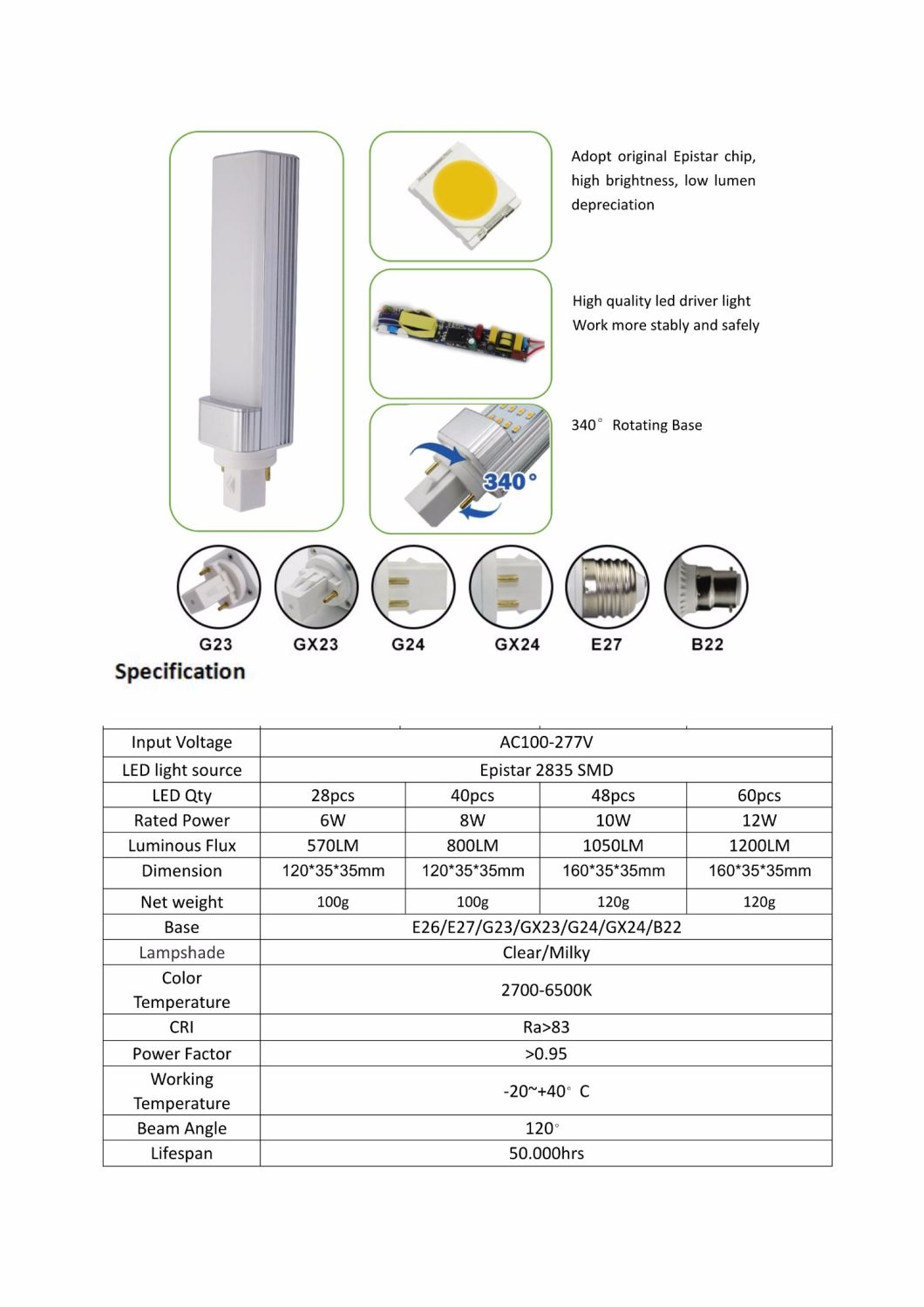 230V Dimmer SMD2835 SMD5630 G24 Gx24 G23 Gx23 E27 B22 8W LED Lamp PLC