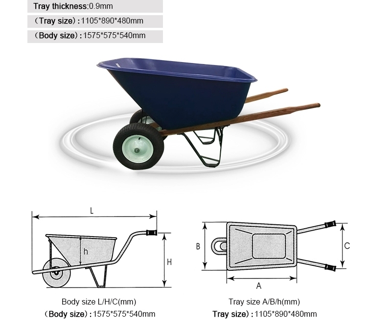 Wb9600 210L Plastic Tray Wooden Handle Two Wheels Wheelbarrow