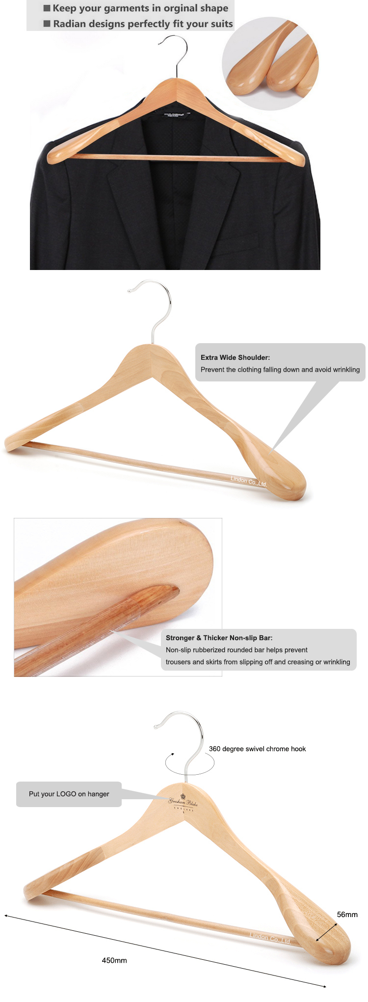 Solid Glossy Finish Extra-Wide Heavy Luxury Wooden Suit Clothes Hanger
