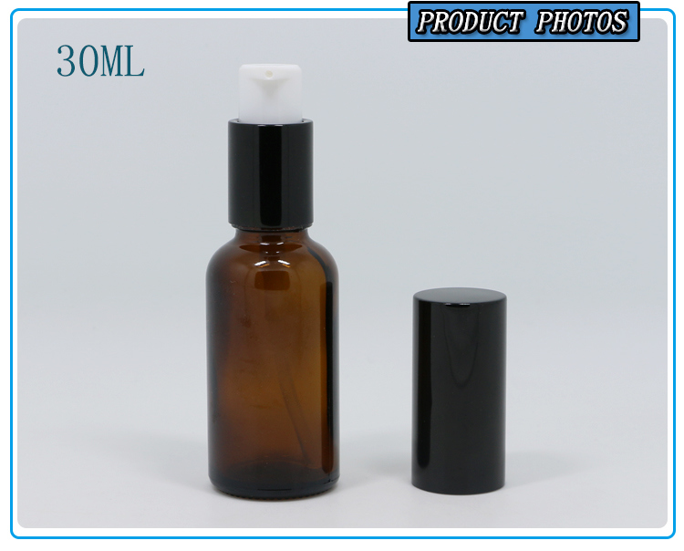 30ml Amber Glass Lotion Pump Bottle with Black Aluminum Pump Sprayer