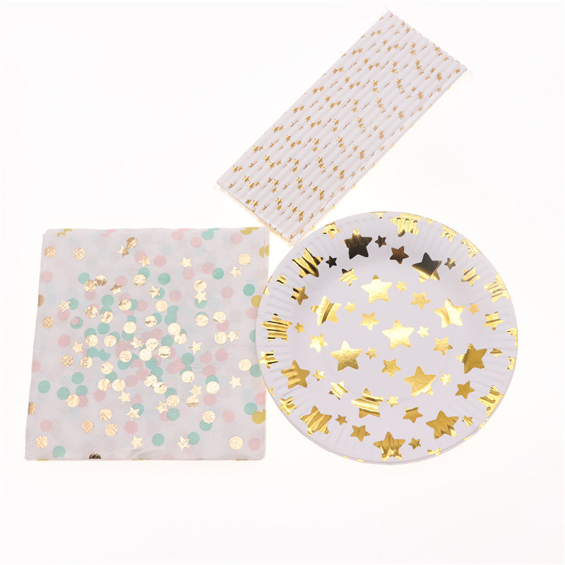 Disposable Tableware Event Party Supplies Paper Straw/Plate/Napkin Gold Star Birthday Party Decorations Kid Adult for Wedding