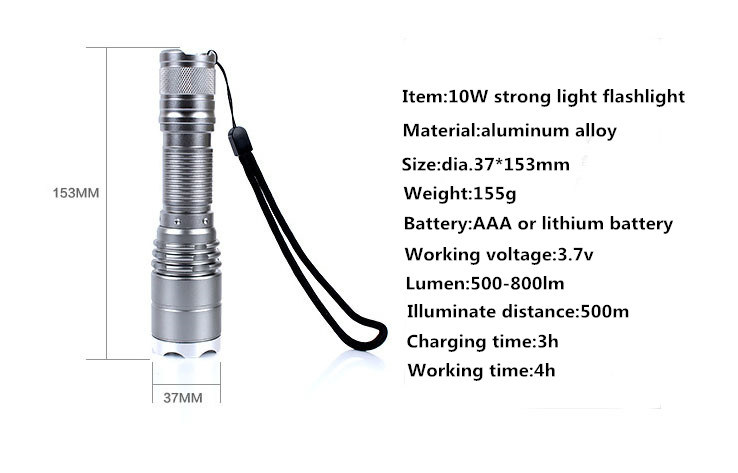 High Quality 10W Strong Light Aluminium Alloy LED Flashlight &Rechargeable Torch