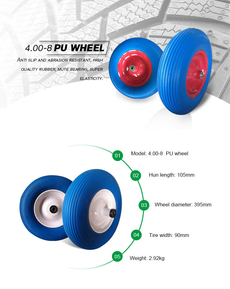 4.00-8 China Wheelbarrow Flat Free PU Foam Wheel Tire