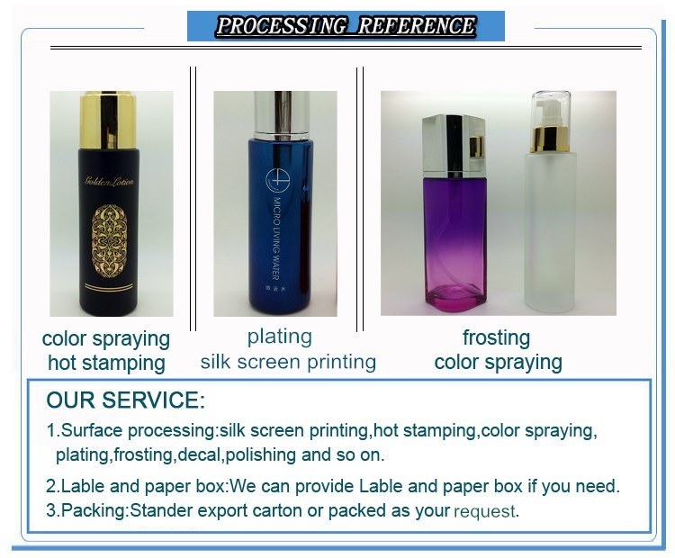Custom Fashion Packaging Empty Silver Colored Aluminum Lid Blue Cosmetic Spray Lotion Water Glass Bottle with Pump