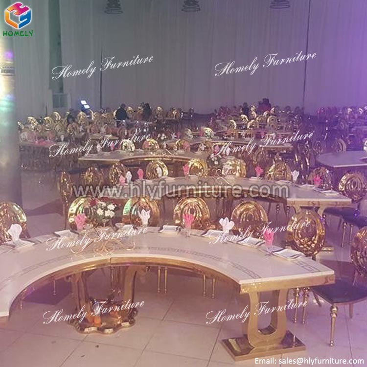 Foshan Mirror Glass Top Stainless Steel Metal Banquet Tables and Chairs for Wedding and Event