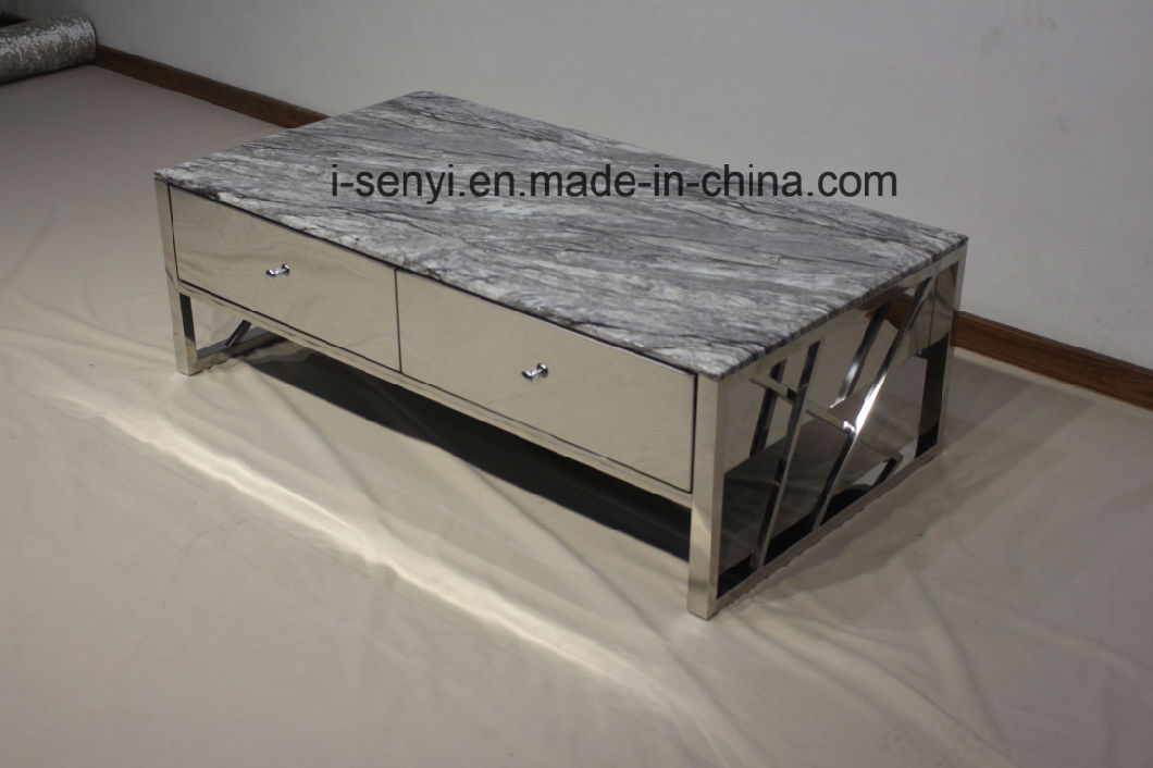 Modern Living Room Furniture Stainless Steel Frame with 4 Solid Wood Drawers Coffee Table