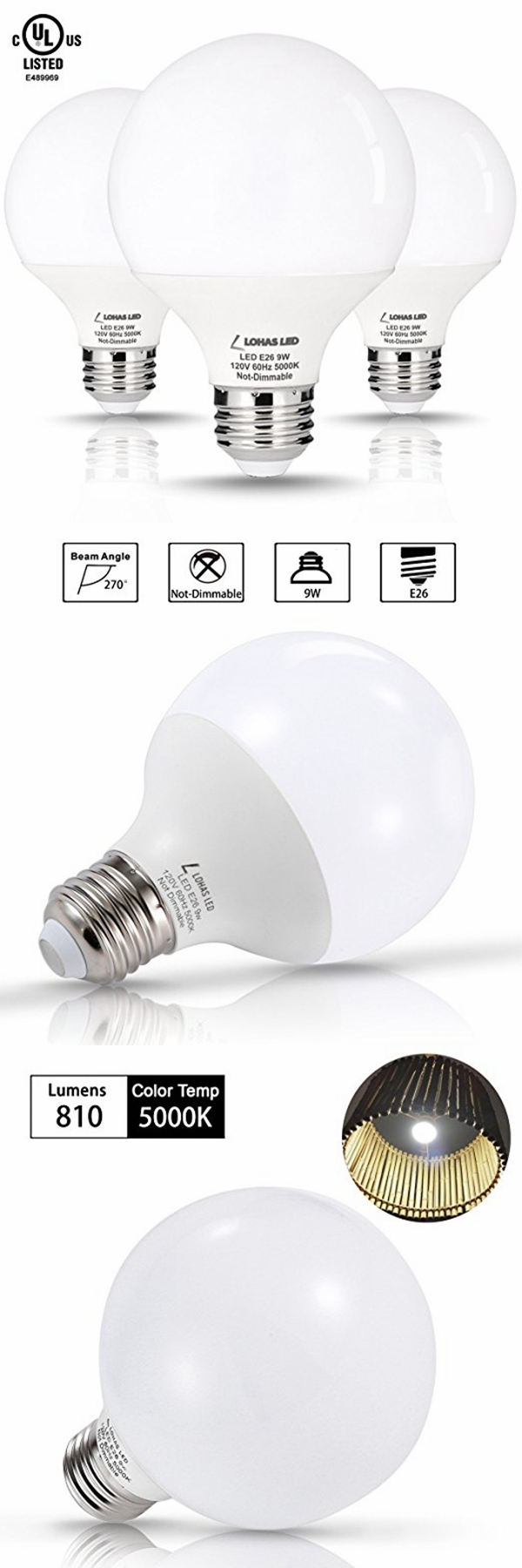 9W E26 LED Globe Bulb (with UL Listed) G25 LED Bulbs 60W Vanity Light Bulbs Equivalent Light Bulb