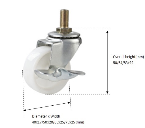 Swivel Threaded Stem 3 Inch White PP Caster with Brake