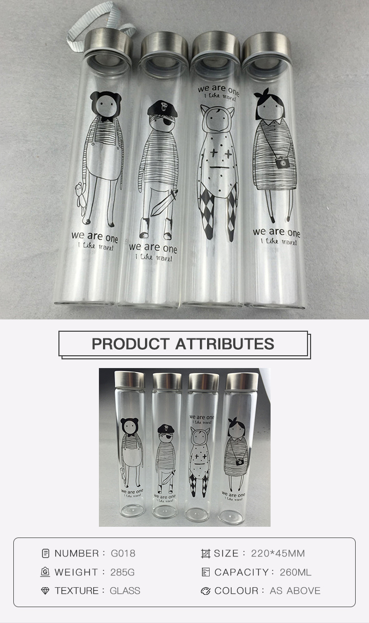 Customized Slender Cup Simple Cartoon Portable Glass Water Bottle