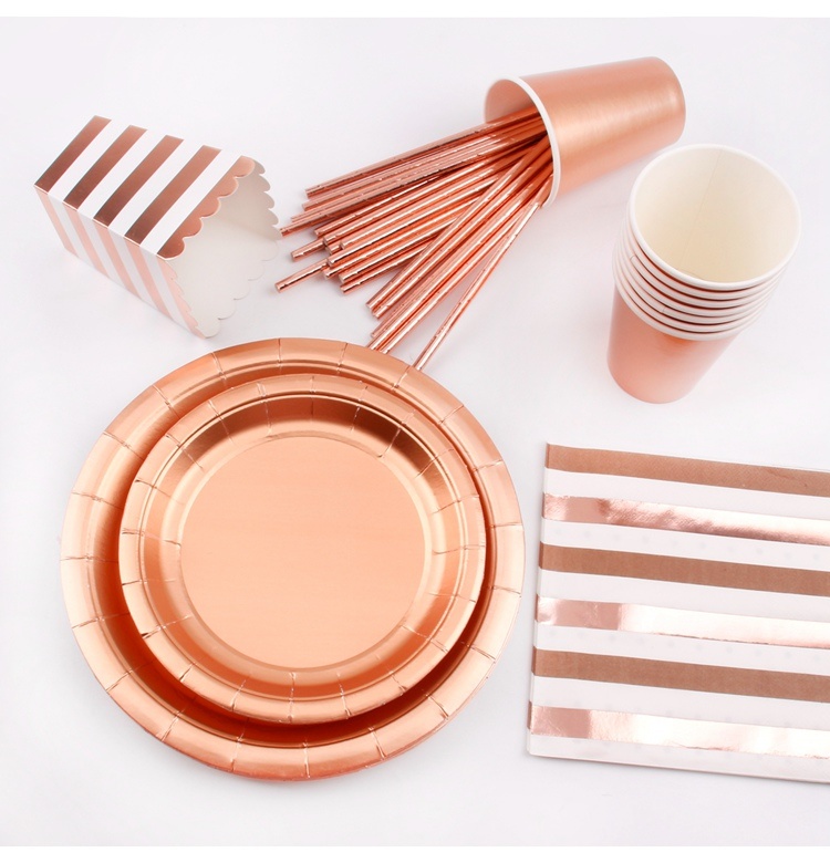 Rose Gold Disposable Tableware Sets Champagne Party Cup Plate Party Tableware for Wedding Decor Birthday Party Supplies