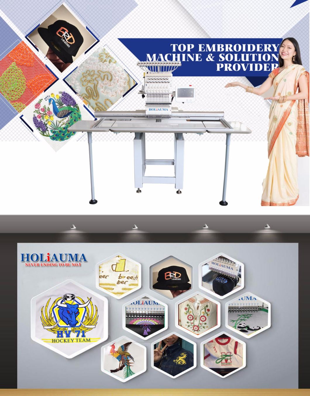 Holiauma Computerized Single Head Embroidery Sewing Machine with Cap Tshirt Flat Embroidery 3 Main Functions