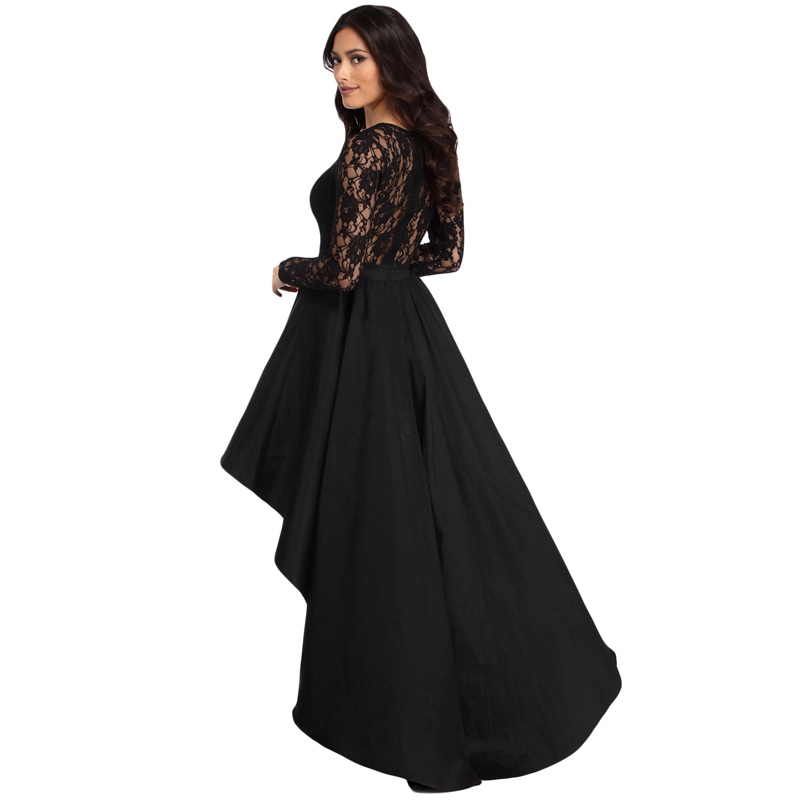 Fashion Long Sleeve Lace High Low Satin Prom Evening Dress