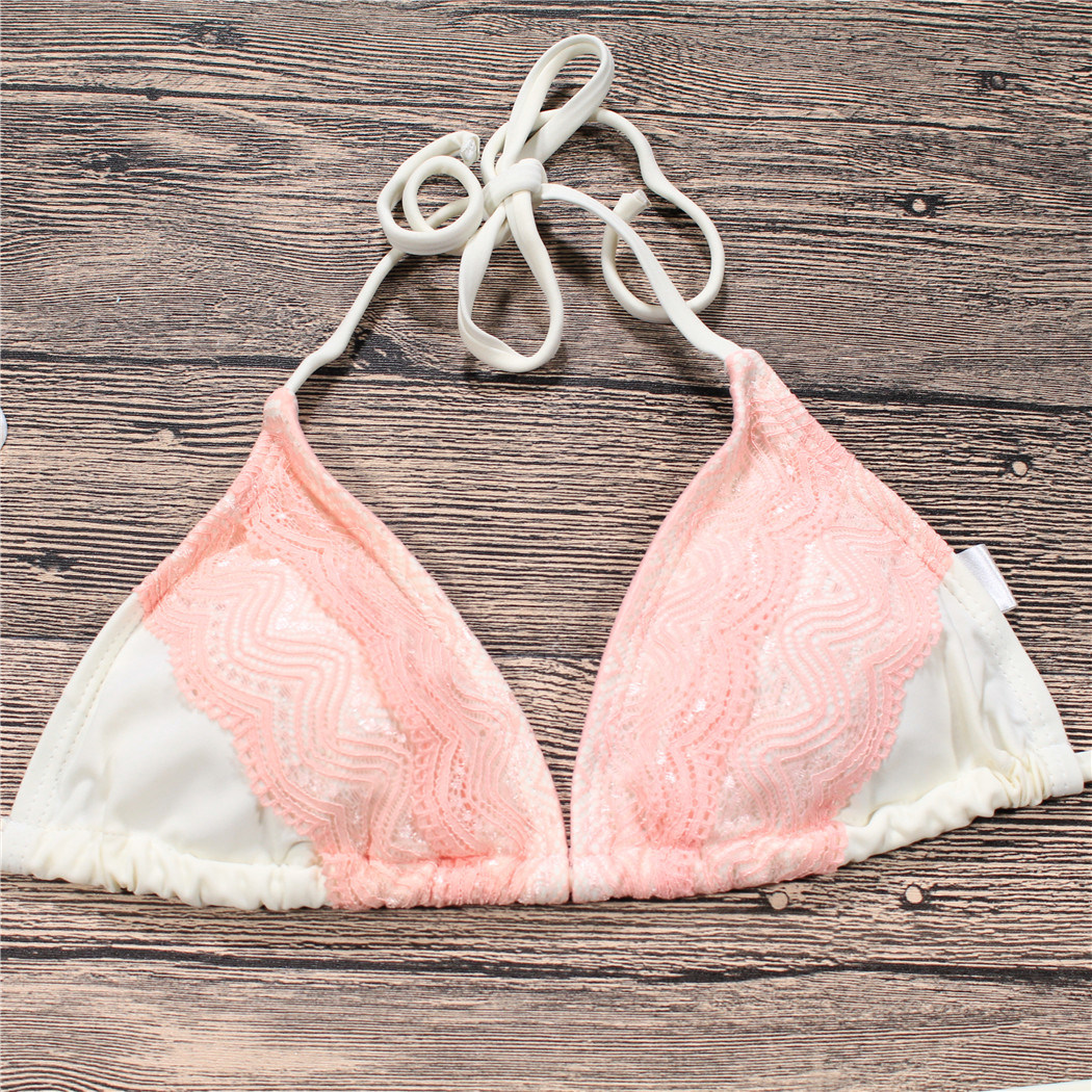 Ladies Sexy Pink Lace Triangle Two Pieces Halter Neck Swimwear Bikini Set