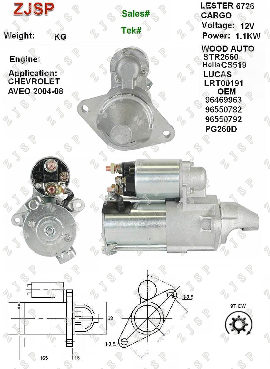 DELCO Starter ZJS-D-001	CS519	LRT00191 96469963 96550782 96550792 PG260D	6726	STR2660	12V/1.1KW	9T	CW	CHEVROLET AVEO 2004-06