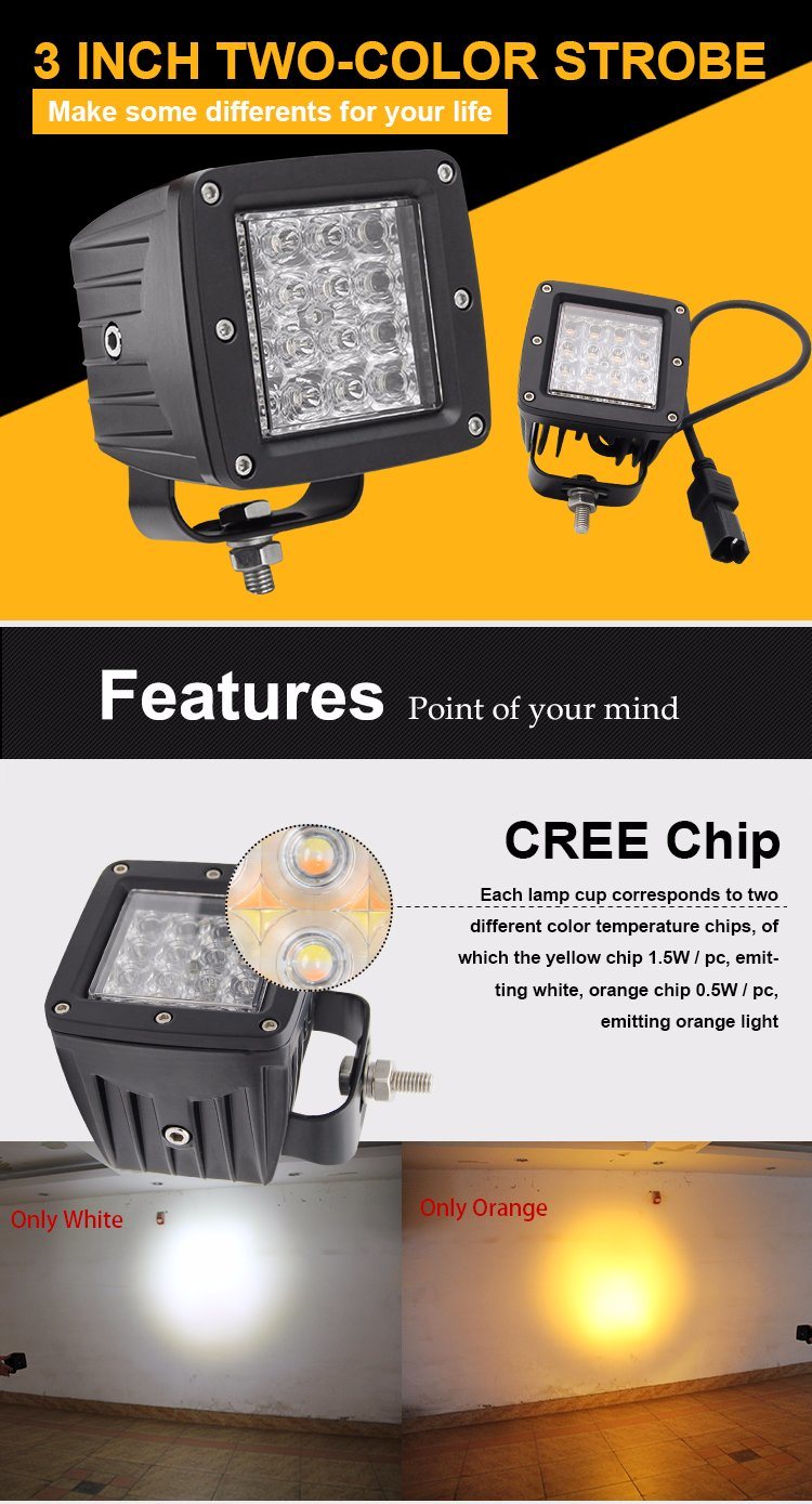 5000 Lumens Wholesale 2 Colors 6500K Strobe Burst Flashing 72W 3inch CREE Auto Square LED Work Light for Truck Offroad